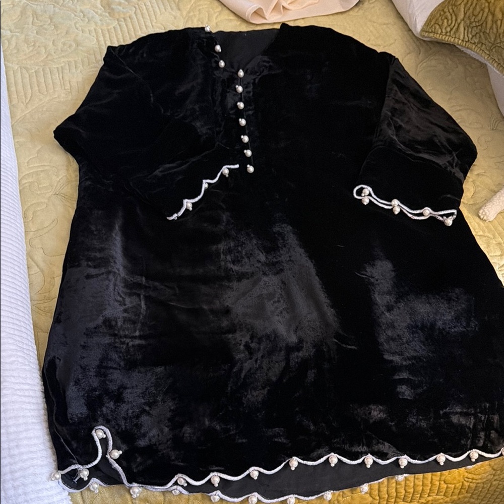 Pure velvet black with white pearls kameez with pure velvet pants.